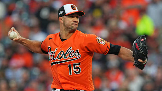 Oct 8, 2023; Baltimore, Maryland, USA; Baltimore Orioles starting pitcher Jack Flaherty (15) pitches during the fifth inning against the Texas Rangers during game two of the ALDS for the 2023 MLB playoffs at Oriole Park at Camden Yards. Mandatory Credit: Mitch Stringer-USA TODAY Sports
